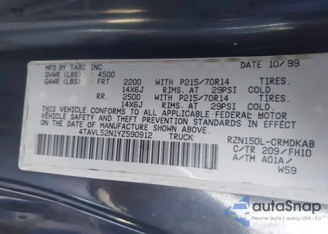 2000 Toyota Tacoma z USA, uszkodzony, nr VIN 4TAVL52N1YZ590912
